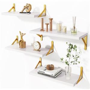 BAKAJI Set 4 Mensole da Parete in Legno Bianco con Staffe in Metallo Oro, Scaffalatura a Muro Multiuso Montaggio Creativo, Scaffale per Camera da Letto, Soggiorno, Cucina, Bagno, Libreria Salvaspazio
