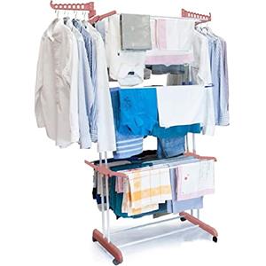 BAKAJI Stendino Stendibiancheria a Torre in Acciaio e ABS di Grande Capacità Modulabile Pieghevole Salvaspazio Richiudibile Stendino Biancheria Antiurto (Rosa e bianco)