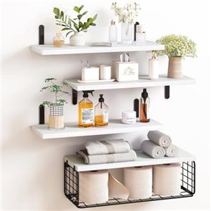 BAKAJI Set 4+1 Mensole da Parete in Legno Massiccio, Scaffali a Muro Multiuso, Staffe e Cestino in Metallo, Scaffalatura per Camera da Letto, Soggiorno, Cucina, Bagno, Libreria, Salvaspazio (Bianco)
