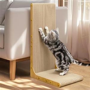 Conlun Graffietto per Gatti, 66 cm Forma a L da Parete, Tiragraffi Verticale, Cartone Resistente per Proteggere i Mobili da Gatti Domestici, Jumbo,Legno Chiaro