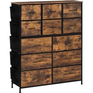 WOLTU Cassettiera, 12 Cassetti in 2 Dimensioni per Camera da Letto/Corridoio/Soggiorno, Cassettiera in Tessuto, Marrone Rustico e Nero, Struttura in Metallo, Legno Lngegnerizzato E1, SSK012vbn