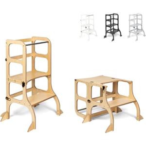 Ette Tete STEP'n'SIT® Torre Apprendimento Montessoriana Convertibile - Multifunzione 2 in 1 - con ulteriore supporto (in legno, con cerniere in ottone)