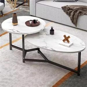 Shally Dogan Tavolino da Caffè con 2 Ripiani Design Luxury Effetto Marmo, Tavolo Basso Elegante Premium Piano Tondo e Ovale 2 Livelli, Ideale per Salotto, Soggiorno, Ufficio (Bianco)