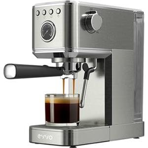 EVVO Caffettiera Express Intensa, Pressione 20 bar, Corpo in Acciaio, Espressi e Capuccini, 1350 W, Doppia uscita, Portafiltri, Serbatoio da 1,2 l, Riscaldamento Rapido (Steel, Con Manometro)