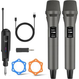 Aveek 2 Microfoni Wireless, Microfoni Karaoke con Ricevitore Ricaricabile USB-C, Microfono Portatile Professionale per Canto, Feste, Matrimoni, DJ, Chiesa - Suono Stabile fino a 30m, 10h di Autonomia