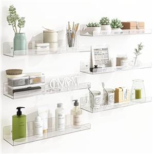 BAKAJI Set 6 Mensole in Acrilico Trasparente da Parete Design Moderno, Scaffalatura a Muro Multiuso, Scaffale Organizer Camera da Letto, Soggiorno, Cucina, Bagno, Libreria Salvaspazio 38 x 10 x 5 cm