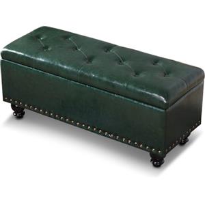 Shally Dogan Pouf Cassapanca Contenitore con Rivestimento in Ecopelle, Poggiapiedi per Camera da Letto, Panca, Sgabello da Salotto Soggiorno, Divanetto con Struttura e Piedini in Legno (Verde)