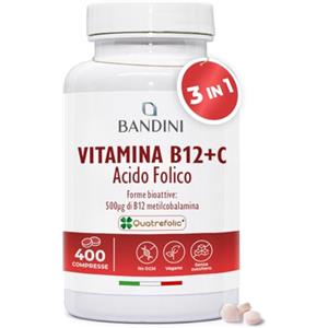 Bandini® Vitamina B12 e Acido Folico + Vit C | 400 compresse vegan (+ 1 anno) Forme bioattive Metilcobalamina e Quatrefolic® | 500μg B 12 + 200μg B9 + 80mg C per dose giornaliera | Energia e vitalità