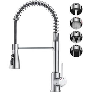 SREWOHS PRO Rubinetto Lavello Cucina Molla,4 Modelli di Spruzzo,Rotazione a 360°,Arco alto(160mm),G3/8,Adatto lavelli a 1 foro,Maniglia singola,Rubinetti commerciali,Acciaio inossidabile spazzolato