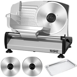 YASHE Affettatrice Elettrica Da Casa Con Motore DC Silenzioso, Affettatrice Professionale Per Prosciutto 200W, Lame In Acciaio Inox Doppie Da 19CM, Spessore Regolabile 0-15mm Per Carne Formaggio Pane