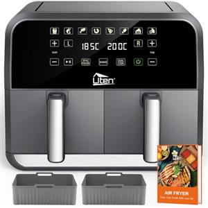 Uten Friggitrice ad Aria, 8 Litri Friggitrice ad Aria Doppio Cestello, 2 Cuscinetti in Silicone, 114 Ricette, Touch Screen Programmi, SYNC FINISH, Shake Reminder, Lavabile in Lavastoviglie