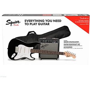 Fender Squier by Fender Stratocaster Beginner Guitar Pack, tastiera in alloro, nera, con gig bag, ampli, tracolla, cavo, plettri e lezioni online
