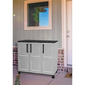 Dmora - Armadio da esterno Pelt, Armadio balcone multiuso, Mobile outdoor 3 ante, 100% Made in Italy, 102x37h90 cm, Grigio chiaro e Nero, Finitura quadri