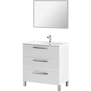 Dmora Mobile sottolavabo a Tre Specchio con Cornice, Colore Lucido, cm 80 x 86 x 45, Bianco, 3 cassetti