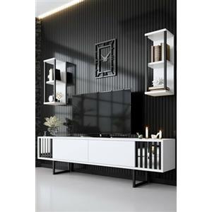 Dmora - Mobile porta TV Ananke, Credenza da soggiorno, Armadio basso per TV, Base parete attrezzata, 180x30h48 cm, Bianco e Nero