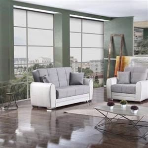 DMORA - Divano letto con penisola Pablito, Divano contenitore reversibile in ecopelle e tessuto, Sofà apertura click-clack, 163x84h91 cm, Bianco e Grigio