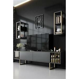 Dmora - Mobile porta TV Eunomia, Credenza da soggiorno, Armadio basso per TV, Base parete attrezzata, 180x30h48 cm, Antracite e Nero