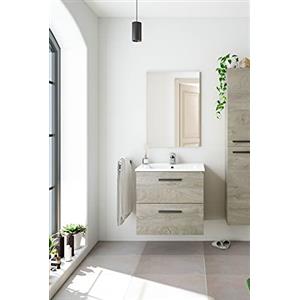 Dmora Mobile Bagno Due cassetti e Uno Specchio per lavabo da appoggio, Colore, cm 60 x 57 x 45 cm, Rovere, sospeso, 60x57x45