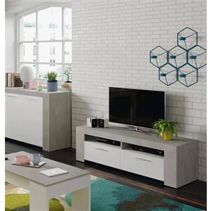 Dmora - Mobile porta TV Stamford, Credenza per televisione da soggiorno, Supporto TV a 2 ante, Credenza bassa da salotto, 120x42h40 cm, Bianco e Cemento