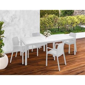 Dmora - Set salotto da esterno Manarola, Ripiano allungabile da esterno con 4 sedie, Tavolo e sedute da giardino effetto rattan, 100% Made in Italy, Bianco