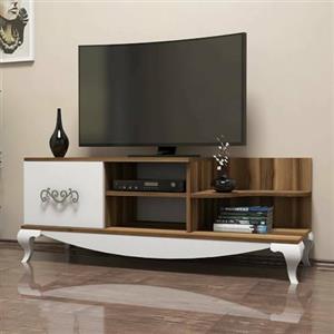 Dmora - Mobile porta TV Zeta, Credenza da soggiorno, Armadio basso per TV, Base parete attrezzata, 130x45h51 cm, Noce e Bianco