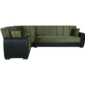Dmora - Divano letto con penisola Matias, Divano contenitore ad angolo in ecopelle e tessuto, Sofà con apertura click-clack, 305x238h91 cm, Nero e Verde