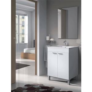 Dmora - Mobile sotto lavabo NewYork, Mobiletto per bagno, Armadio a 2 ante con specchio, 60x45h80 cm, Bianco lucido