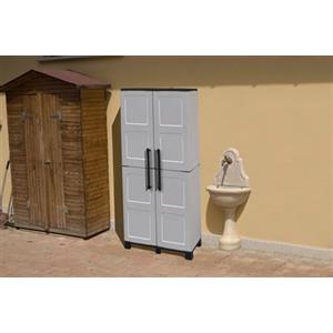 Dmora - Armadio da esterno Veurne, Armadio porta scope, Mobile outdoor 2 ante, 100% Made in Italy, 68x37h169 cm, Grigio chiaro e Nero, Finitura quadri