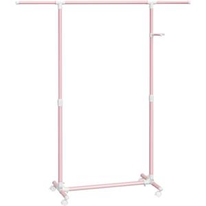 SONGMICS Stand Appendiabiti con Ruote, Attaccapanni, Altezza Regolabile 97-165 cm, Barra Estensibile, Ganci Laterali per Accessori, Rosa Pastello LLR001R02