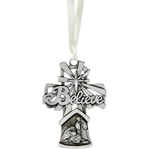 Needzo Believe Presepe Croce Antico Albero di Natale Decorazione Regalo Argento Unico Mangiatoia Sacra Famiglia Scena Da Appendere Decor, 7 Pollici