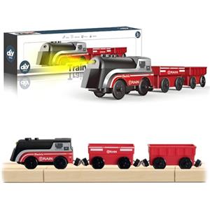 DxxD Trenino Elettrico per Bambini, Locomotiva ad Azione a Batteria con Suono e Luce, Trenino Legno Giocattolo, Treno compatibile con Thomas Brio, Giocattolo Regali per Bambino Ragazze Ragazzi 3+ Anni
