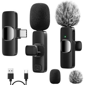 GlasFlength Microfono Wireless per iphone15 16/Android/Laptop, Microfono Lavalier Wireless Plug&Play Riduzione del Rumore USB-C Mic Mini per pegistrazione Video Live Steam and Tik Tok (2 Mic)