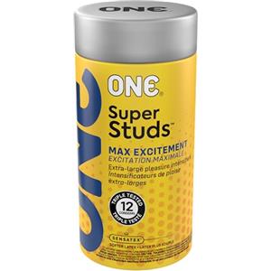 ONE® Super Studs Preservativi | Caratteristiche Extra Large, Piacere Intensificante Studs per una migliore stimolazione | Vegano, non OGM, lattice di gomma naturale | 12 pezzi