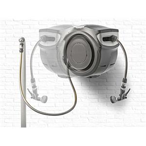 G.F. SRL, REWALL GLOBO Avvolgitubo Automatico da Parete per l'Irrigazione del Giardino, con 25 metri di tubo, Orientabile 180°, con Pistola Irrigazione 8 getti, prodotto nel Regno Unito, Grigio scuro