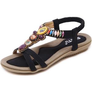 Gohill Woky Sandali estivi da donna, stile bohemien, con strass e perline, scarpe da spiaggia, per il tempo libero, piatte a sandalo, taglie 34 - 44, Nero , 43 EU