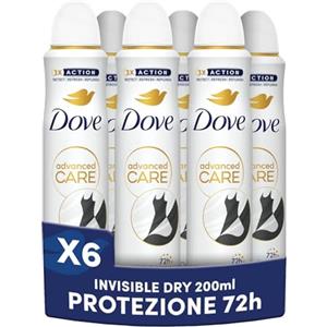 Dove Deodorante Spray Advanced Care Invisible Dry, con Formula Idratante e Delicata sulla Pelle, Formula Anti-macchia, Pelle Asciutta Fino a 72 Ore, Deodorante Uomo e Donna, 6 Pezzi da 200ml