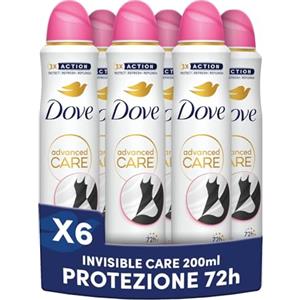 Dove Deodorante Spray Advanced Care Invisible Care, con Formula Idratante e Delicata sulla Pelle, Formula Anti-macchia, Pelle Asciutta Fino a 72 Ore, Deodorante Uomo e Donna, 6 Pezzi da 200ml