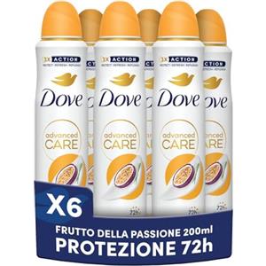 Dove Deodorante Spray Advanced Care Go Fresh Passion Fruit, con Formula Idratante e Delicata sulla Pelle, Senza Alcol, Pelle Asciutta Fino a 72 Ore, Deodorante Uomo e Donna, 6 Pezzi da 200ml