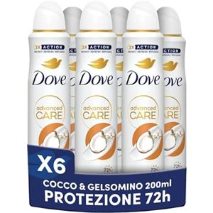 Dove Deodorante Spray Advanced Care Go Fresh Cocco e Fiori di Gelsomino, Formula Idratante e Delicata sulla Pelle, Senza Alcol, Pelle Asciutta Fino a 72 Ore, Deodorante Uomo e Donna, 6 Pezzi da 200ml