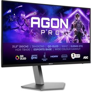 AOC AGON Pro AG326UD- Monitor da gioco OLED UHD da 32 pollici, 165 Hz, 0,03 ms, HDR400, FreeSync Prem. Pro, G-Sync comp. 3840x2160, 2x HDMI 2.1, 1x DP 1.4, Hub USB nero grigio, QD-OLED
