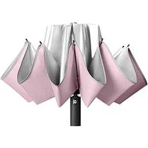 Meichoon Ombrello antivento con protezione UV al 99%, compatto, capovolto, pieghevole, automatico, apertura e chiusura, striscia di sicurezza riflettente per pioggia, auto, viaggi, Rosa, Taglia unica,