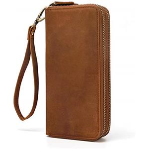 LUUFAN Portafogli in vera pelle con doppia cerniera Portafoglio lungo con pochette in pelle di grande capacità con cinturino da polso (Marrone 2)