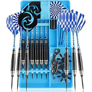 CareGames Set di freccette con punta in acciaio, 24 g, con custodia per il trasporto e accessori extra, nero/blu/verde