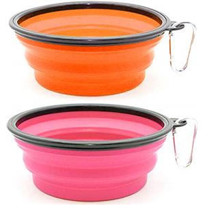 SLSON 2PZ Ciotola Pieghevole per Cane,Ciotola Viaggio Cani con Moschettone Alpinismo,Ciotola Portatile Usato per Gatti,Cani e Animali Domestici per L'Acqua e Cibo (1000ml, Arancione e Rosa)