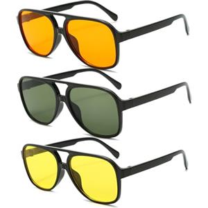 YAMEIZE 3 Pack Occhiali da Sole Retrò Oversize - a Doppio Ponte per Donne Uomo Vintage Pilot Quadrato Visione Notturna Occhiali di Protezione UV400 per la guida