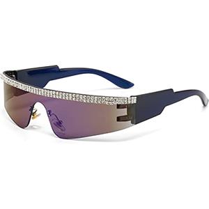 YAMEIZE Occhiali da Sole Diamante Donna Futuristica -Avvolgente Stretti Ciclopi Y2k Rettangolari Protezione UV400 Festa Cool Occhiali da Sole Blu