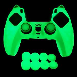 HLRAO -Verde Glow in the dark Cover protettiva antiscivolo compatibile con controller PS5/Slim/Pro, Include 8 pezzi di impugnature per il pollice Green Glow e 2 accessori Glow Grips.