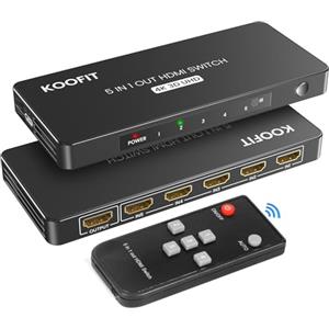 KOOFIT Switch HDMI 5 In 1 Out Splitter HDMI, Sdoppiatore HDMI Automatico Multiconnettore 4K con Telecomando, Commutatore HDMI 5 Porte Supporta 4K 3D UHD per PS5, PS4, PS3, DVD, Blu-ray, Xbox, PC, TV