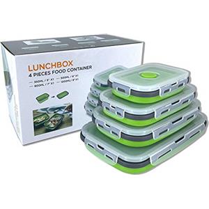 Beeptrum Contenitore per alimenti in silicone pieghevole con coperchio, portatile, salvaspazio, adatto al microonde, lavastoviglie e congelatore, set di 4 (Verde)