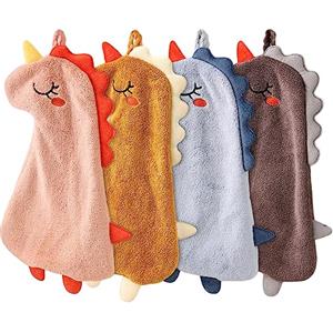 Qixuer 4 Pezzi Asciugamani Bambini,Asciugamani Per Bambini Asciugamano Microfibra Piccolo Dinosauro Carino e Anello Appendere Asciugamani Asilo per Viso e Mani Assorbente Asciugamani per Cucina Bagno